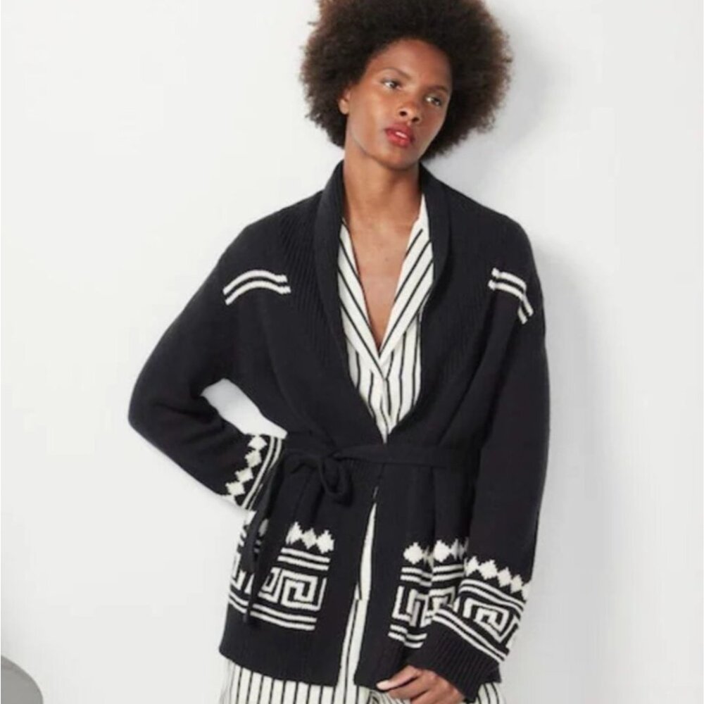 Kule Ricky Tie Front Belted Cardigan Sweater Black Cream XS